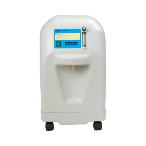 Hikoneb Oxybreath 10L oksijen konsantratörü: açık gri gövde, ön panelde ekran, akış ölçer ve tekerlekler