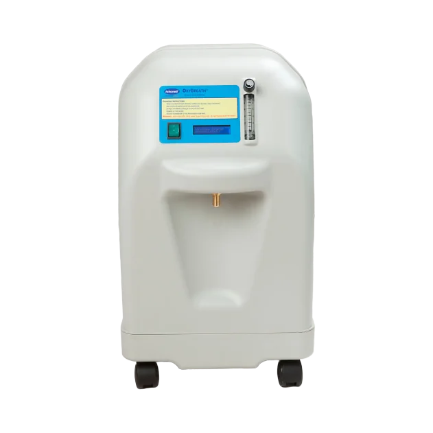 Hikoneb Oxybreath 10L oksijen konsantratörü: açık gri gövde, ön panelde ekran, akış ölçer ve tekerlekler
